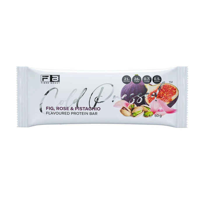 Fibre Boost Cold Pressed Protein Bar Packet Front Fig, Rose & Pistachio Flavour