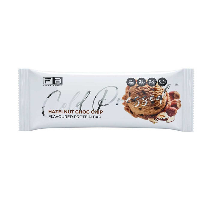Fibre Boost Cold Pressed Protein Bar Packet Front Hazelnut Choc Chip Flavour