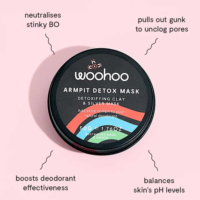 Woohoo Armpit Detox Mask Tin with benfits written around