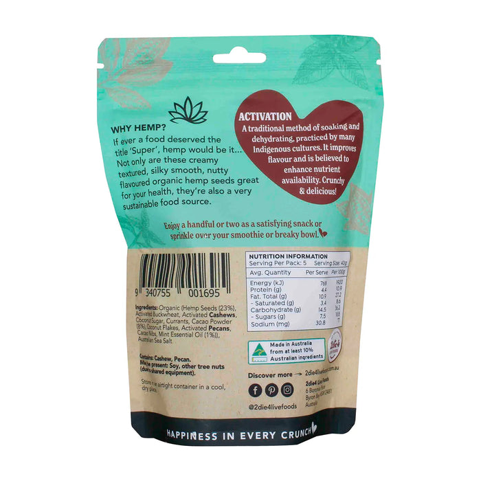 2die4 Live Foods Hemptations Superfood Hemp Snack Mint Chocolate 80g Nutritional Panel Wicked NRG