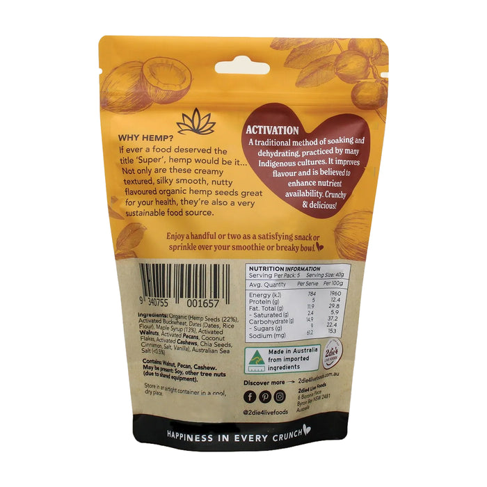 2die4 Live Foods Hemptations Superfood Hemp Snack Salted Maple 200g Nutritional Panel Wicked NRG