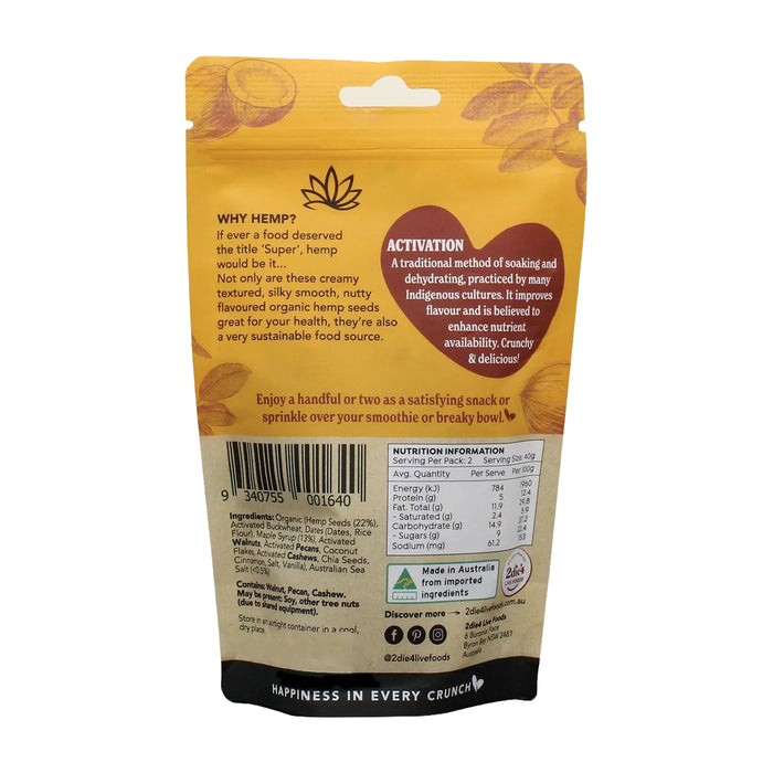 2die4 Live Foods Hemptations Superfood Hemp Snack Salted Maple 80g Nutritional Panel Wicked NRG