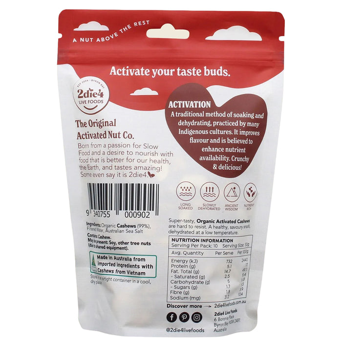 2die4 Live Foods Organic Activated Cashews 300g Nutritional Panel, Wicked NRG