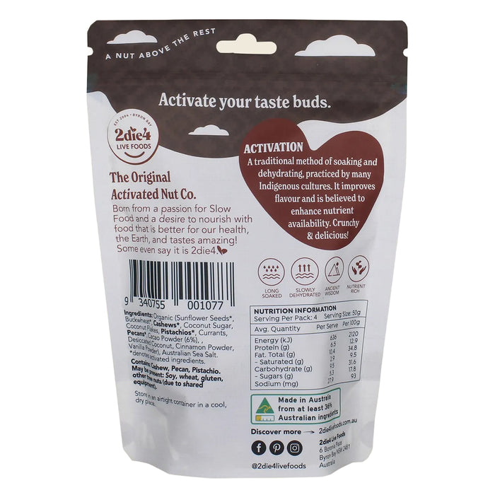 2die4 Live Foods Organic Activated Holy Cacao Granola Clusters 200g Nutritional Panel Wicked NRG
