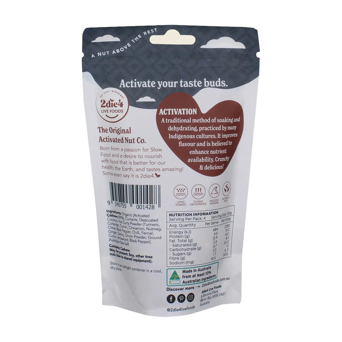 2die4 Live Foods, Organic Activated Masala Cashews, 120g, Nutritional Panel, Wicked NRG