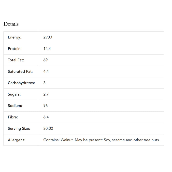 2die4 Organic Activated Walnuts Vegan 275g Nutritional Table Wicked NRG