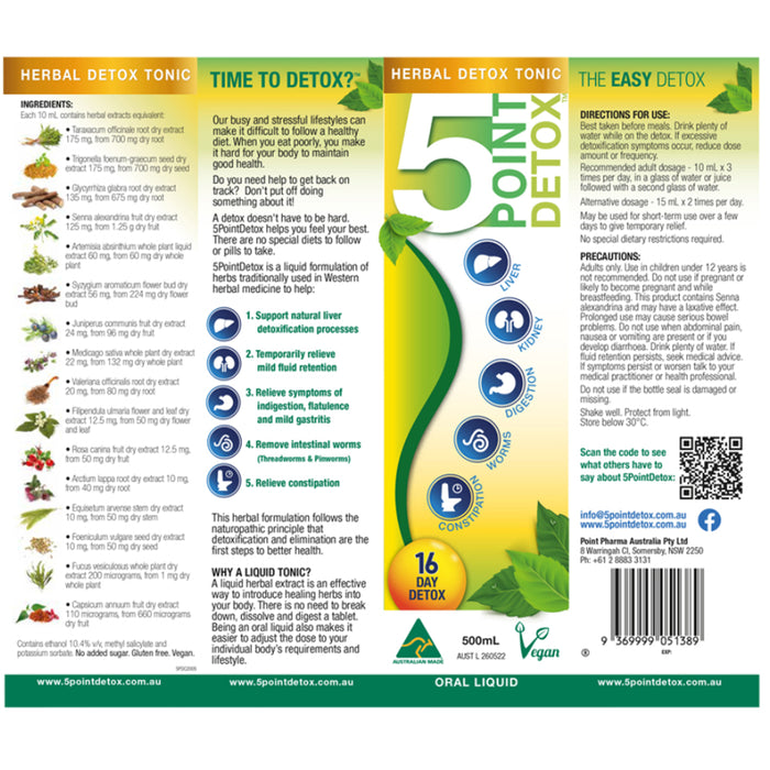 5PointDetox (Herbal Detox Tonic) Oral Liquid 500ml, Ingredients, Wicked NRG