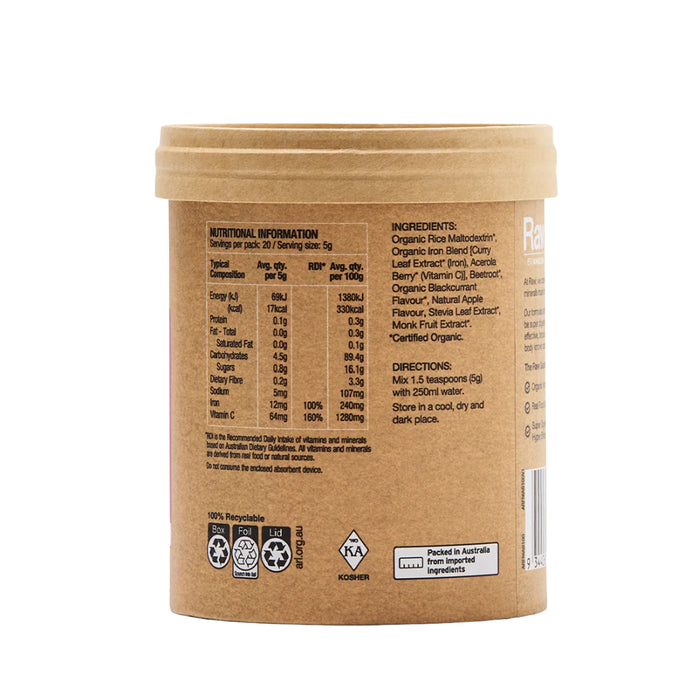 AMAZONIA Raw Organic Iron Apple Blackcurrant Nutritional Panel Wicked NRG