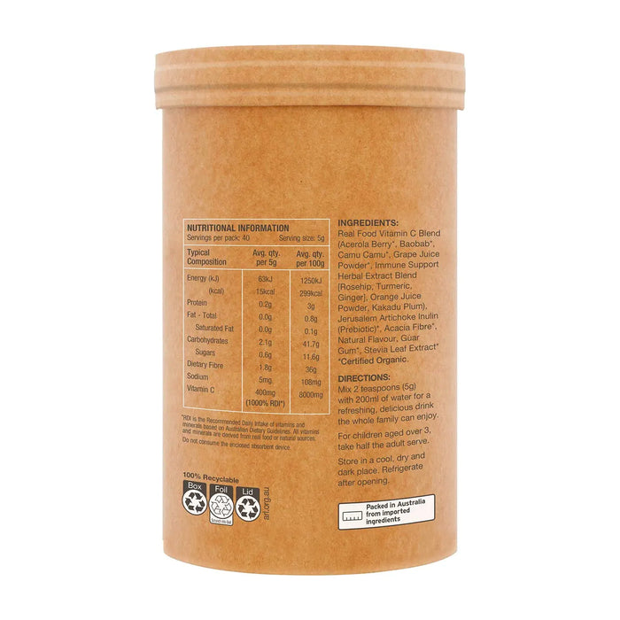 AMAZONIA Raw Organic Vitamin C Passionfruit 200g Nutritional Panel a Wicked NRG