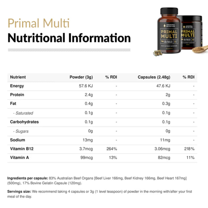 Ancestral Nutrition Primal Multi Grass Fed Beef Organs - Nutritional Panel Wicked NRG