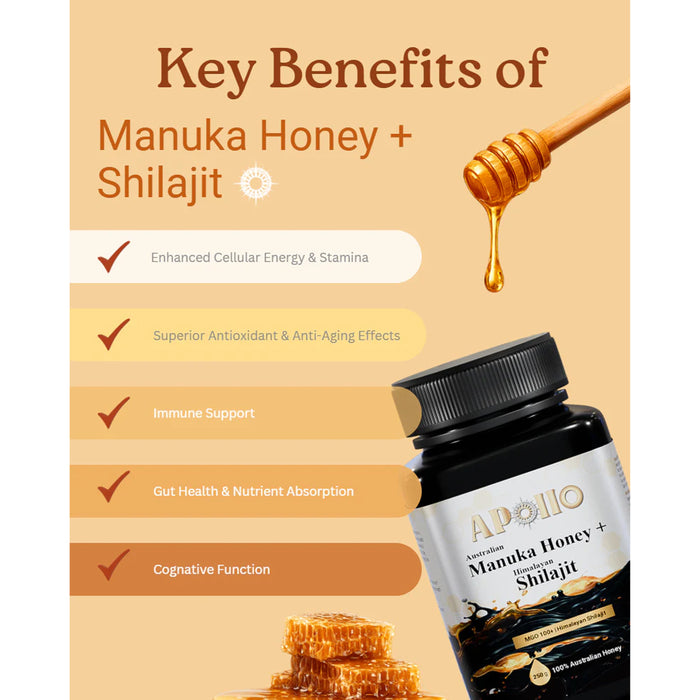 Apollo Australian Manuka Honey (MGO 100+) + Himalayan Shilajit 250g benefits Wicked NRG