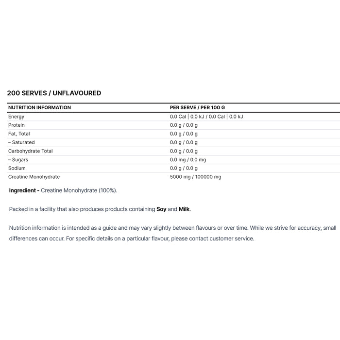 Athletic Sport Kamikaze Creatine Monohydrate 200 serves, 1kg Unflavoured Nutritional Panel,