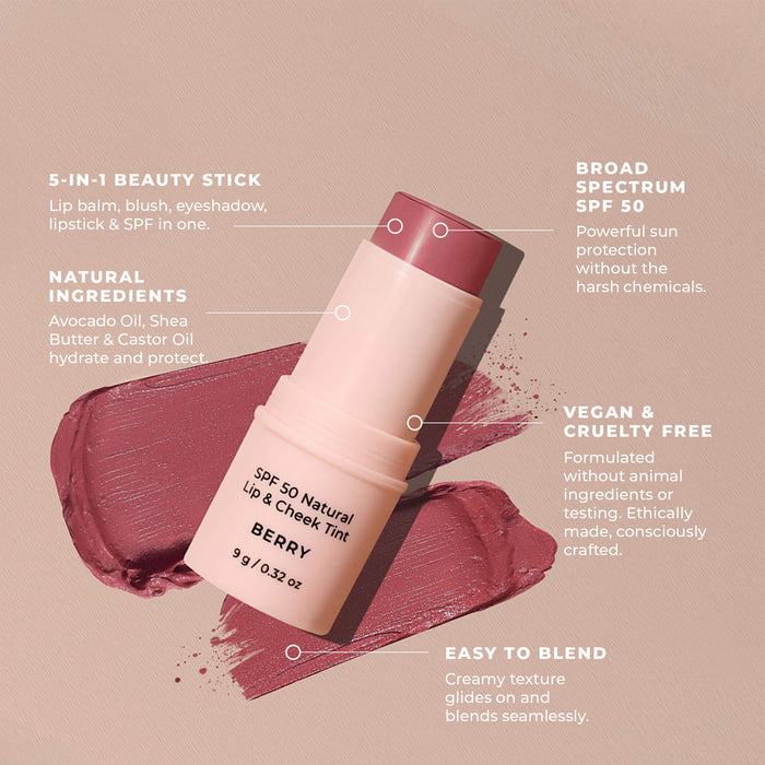 Avocado Zinc SPF 50 Natural Lip & Cheek Tint, Berry, 9g, Benefits, Wicked NRG
