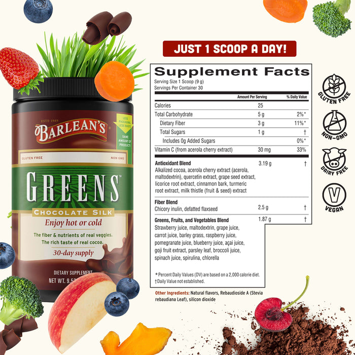 Barleans Greens Chocolate Silk 270 grms 9.52 oz Benefits a Wicked NRG