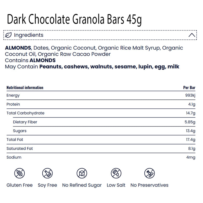 Bask & Co Dark Chocolate Granola Bars 45g Ingredients Wicked NRG