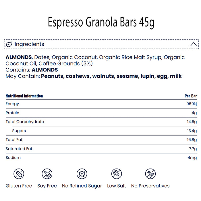 Bask & Co Expresso Granola Bars 45g Ingredients Wicked NRG