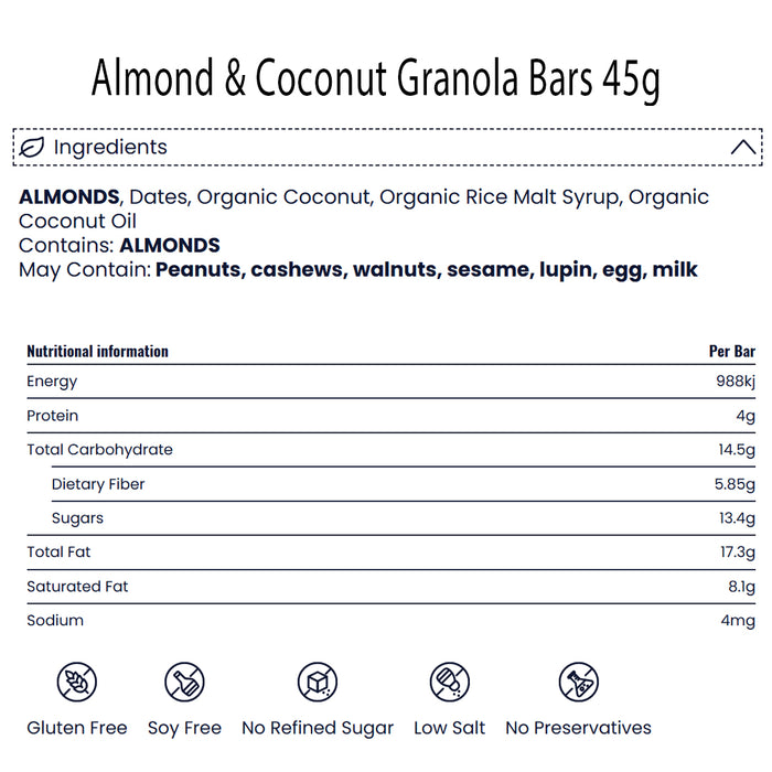 Bask & Co Almond & Coconut Granola Bars 45g Ingredients Wicked NRG