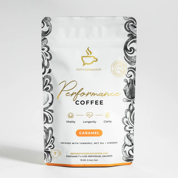Before you speak High Performance,  Caramel, 7 Serves, MCT, Turmeric, Bullet Proof Coffee, Wicked NRG