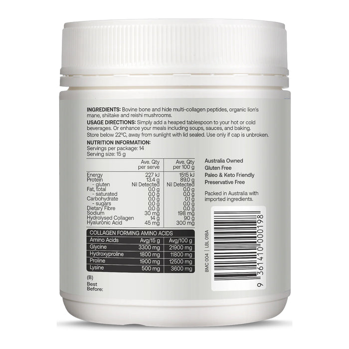 Best of the Bone Collagen Peptide Powder - Organic Mushroom 210g Nutritional Panel Wicked NRG