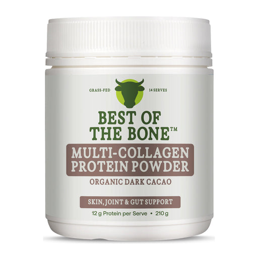 Best of the Bone Multi Collagen Protein Powder Raw Cacao packaging 210g