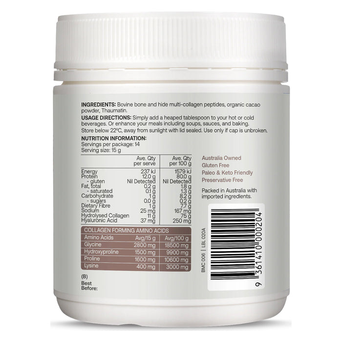 Best of the Bone Multi Collagen Peptides - Organic Dark Cacao 210g Nutritional Panel a Wicked NRG