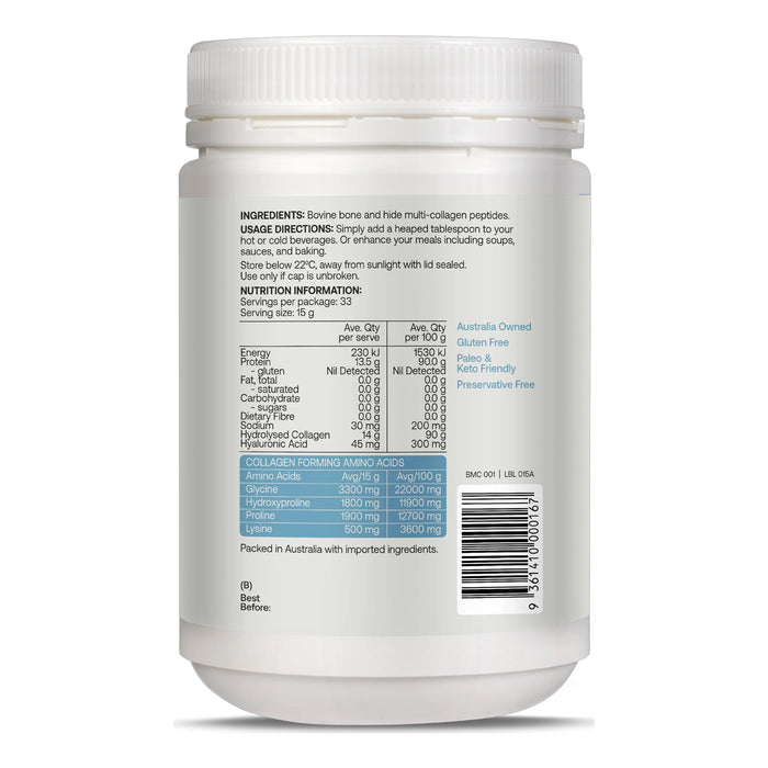 Best of the Bone Multi Collagen Protein Powder Unflavoured 500g Nutritional Panel Wicked NRG