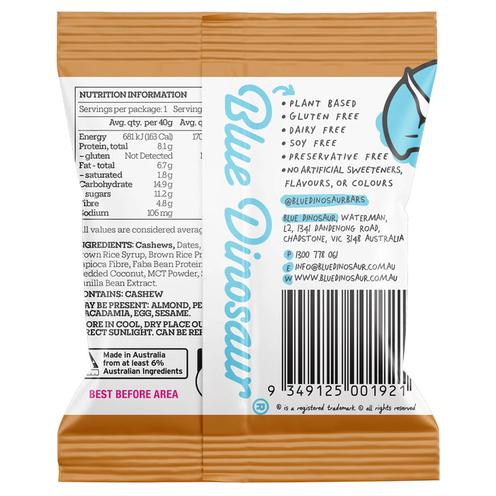Blue Dinosaur Cashew Caramel Protein Ball 40 grams Ingredients Wicked NRG