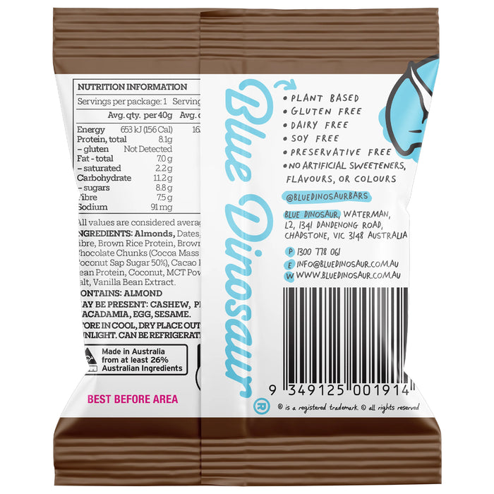 Blue Dinosaur Choc Almond Protein Ball 40 grams Ingredients Wicked NRG