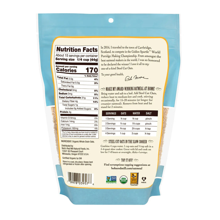 Bob's Red Mill, Organic Steel Cut Oats Pure Wheat Free 680g Nutritional Panel Wicked NRG
