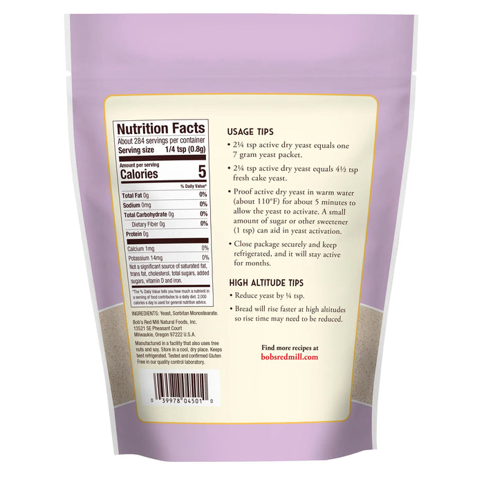 Bobs Red Mill Active Dry Yeast 227g Gluten Free, Nutritional Panel Wicked NRG 