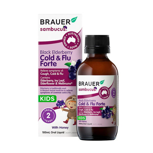 Brauer Sambucus Black Elderberry Kids Cold & Flu Forte With Honey Oral Liquid 100ml Wicked NRG