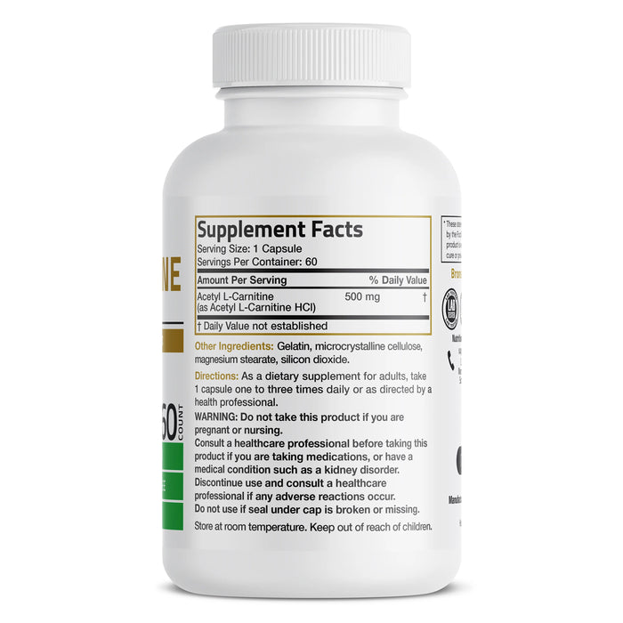 Bronson Acetyl L-Carnitine - 500 MG 60 Capsules Nutritional Panel Wicked NRG