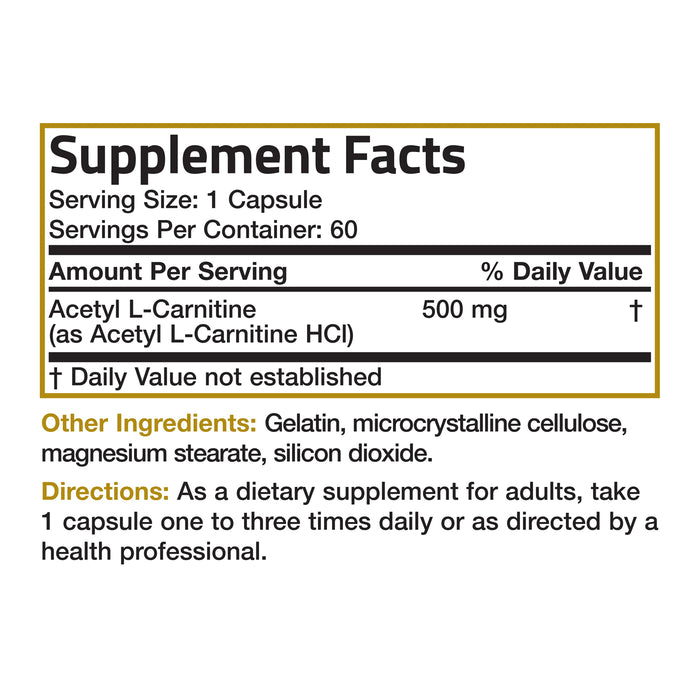 Bronson Acetyl L-Carnitine - 500 MG 60 Capsules Nutritional Panel a Wicked NRG