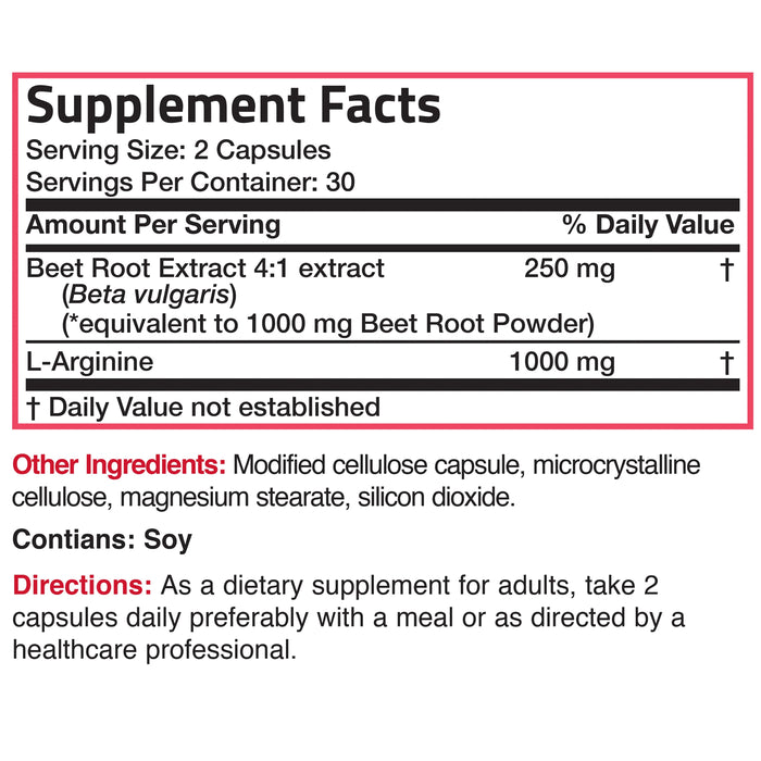 Bronson Beetroot- L-Arginine 120 Caps Nutritional Panel Wicked NRG