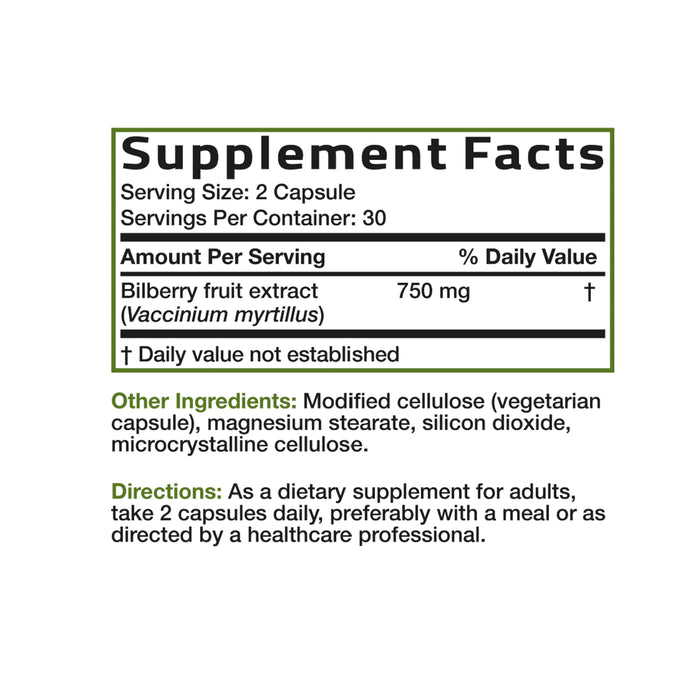 Bronson Bilberry Extra Strength 60 Capsules Nutritional Panel a Wicked NRG