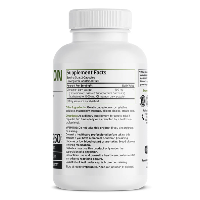 Bronson Cinnamon Extract 1000mg 250 Capsules Nutritional Panel Wicked NRG