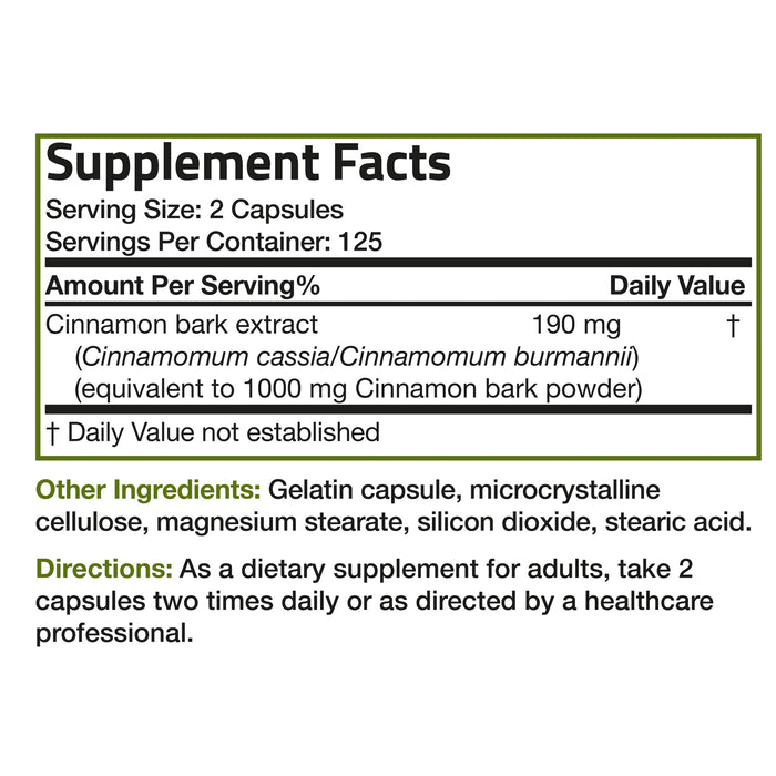 Bronson Cinnamon Extract 1000mg 250 Capsules Nutritional Panel a Wicked NRG