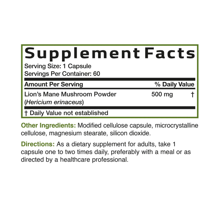 Bronson Lion's Mane Mushroom 60 Capsules Nutritional Panel Wicked NRG.jpg