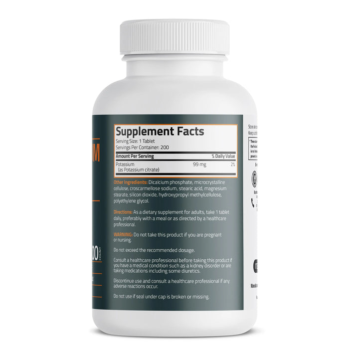 Bronson Potassium Citrate 99mg, 200 Tablets Nutritional Panel, Wicked NRG