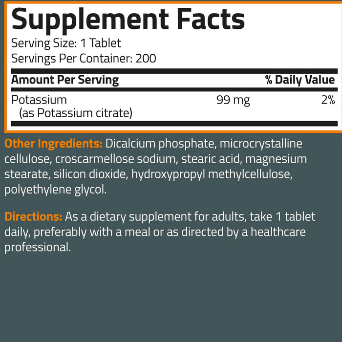 Bronson Potassium Citrate 99mg, 200 Tablets Nutritional Panel, a Wicked NRG