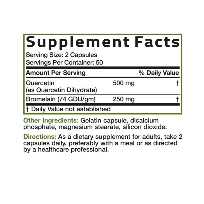 Bronson Quercetin & Bromelain 100 Tablets Nutritional Panel Wicked NRG
