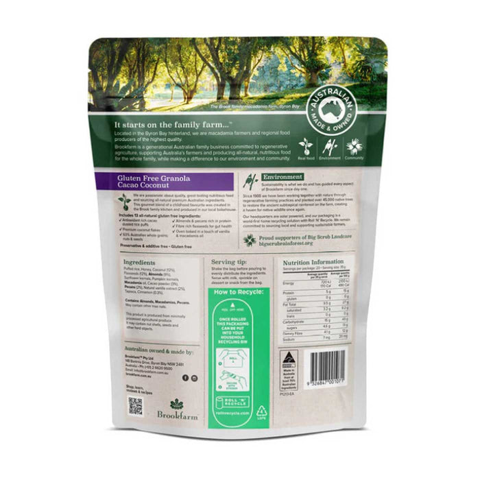 BrookFarm Gluten Free Granola, Cacao Coconut, 350 grams, Gluten Free, Wicked NRG, Nutritional Panel,