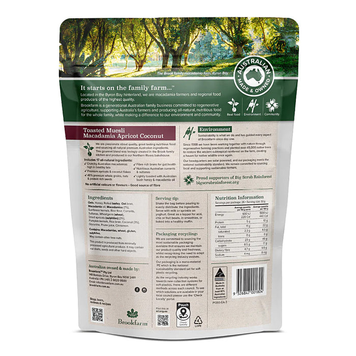 Brookfarm Toasted Muesli Macadamia Apricot & Coconut  1.3kg Nutritional Panel Wicked NRG
