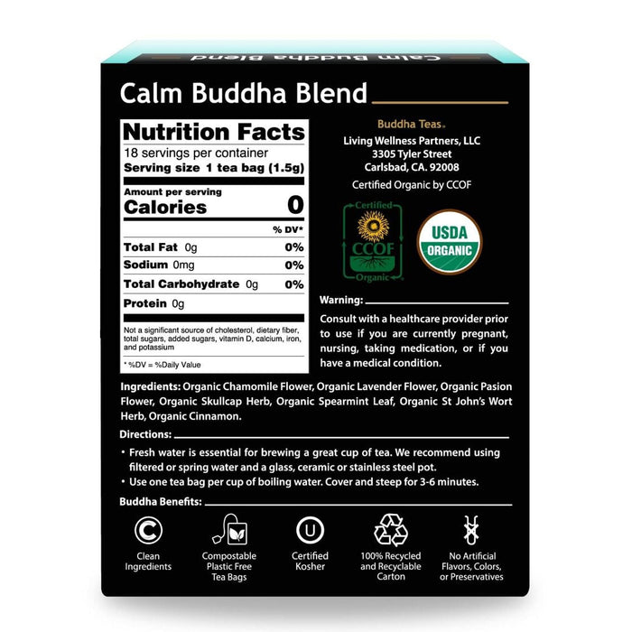Budda Teas Organic Calm Buddha Blend 18 tea bags, Ingredients, Wicked NRG