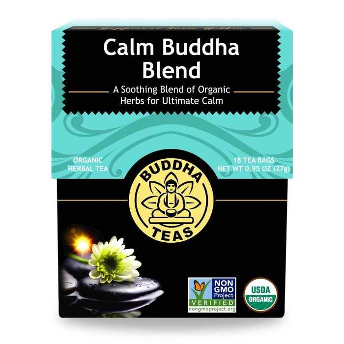 Budda Teas Organic Calm Buddha Blend 18 tea bags, Front box, Wicked NRG