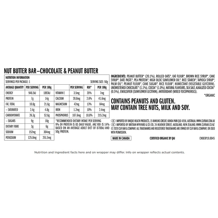 CLIF NUT BUTTER BAR Chocolate and Peanut Butter 50g Ingredients Wicked NRG
