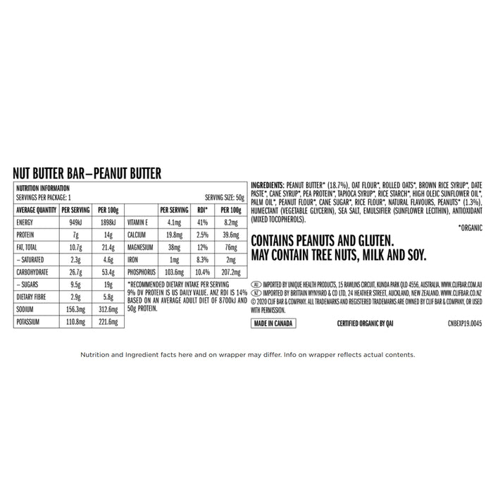 CLIF NUT BUTTER BAR Peanut Butter 50g Ingredients Wicked NRG