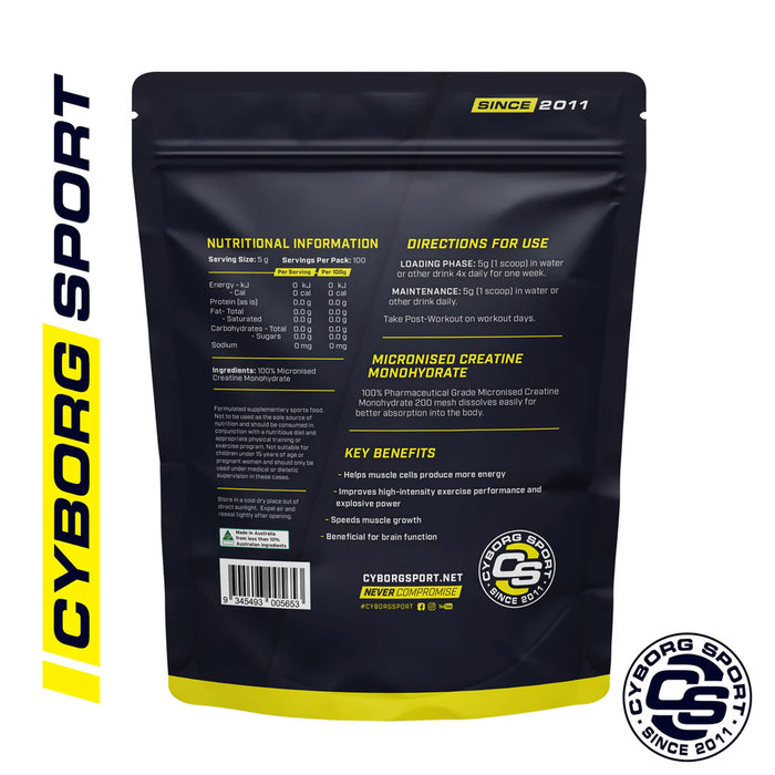CYBORG Sport Micronised Creatine Monohydrate 500g Nutritional Panel Wicked NRG