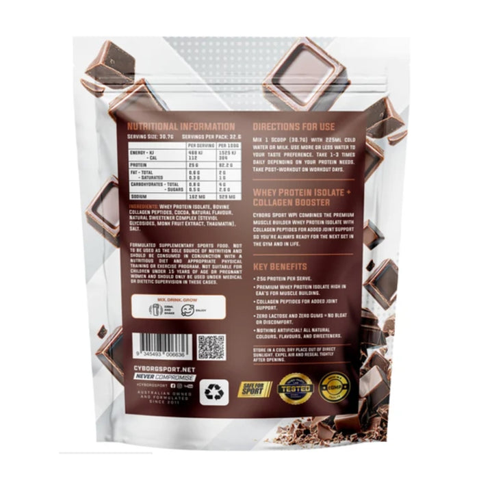 CYBORG Sport Grass-Fed WPI Chocolate Shake 1kg Nutritional Panel Wicked NRG