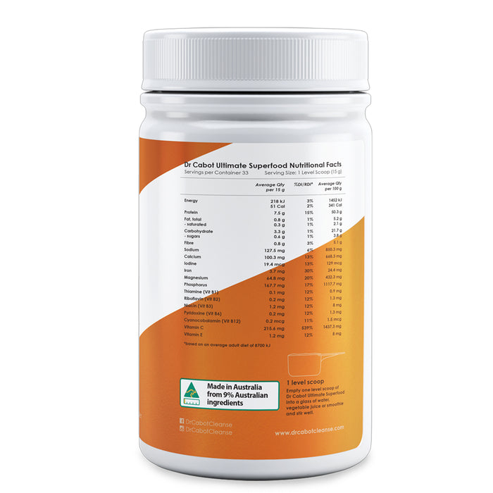Cabot Health Dr Cabot Ultimate Superfood 500g - Maintenance, Nutritional Panel, Wicked NRG